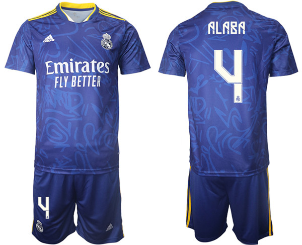 Men's Real Madrid #4 David Alaba 2021/22 Blue Away Soccer Jersey with Shorts
